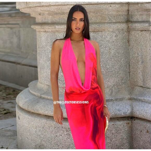 ZARA Fuchsia Open Back Midi Dress NWT | Blogger Fave Halter Neck - Picture 14 of 17